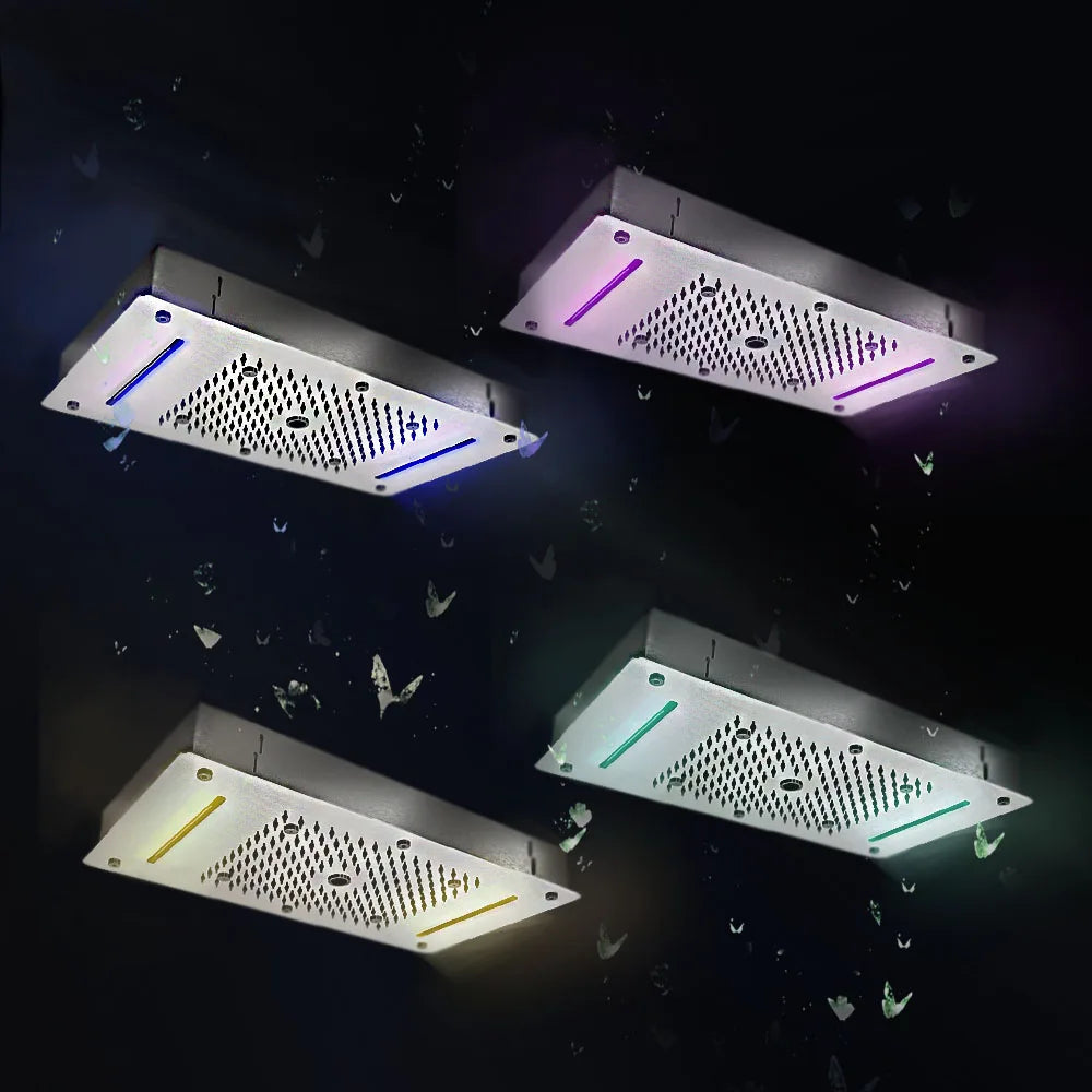 Luxury LED Ceiling Shower Head 304 Stainless Steel Recessed Mounted Square Rainfall Waterfall Bubble Mist Bathroom Showers