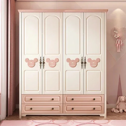 MMOOKA Children's Wardrobe Home Bedroom Cabinet Wood Foot Two Doors Three Doors Vertical Hinged Door Girls Pink