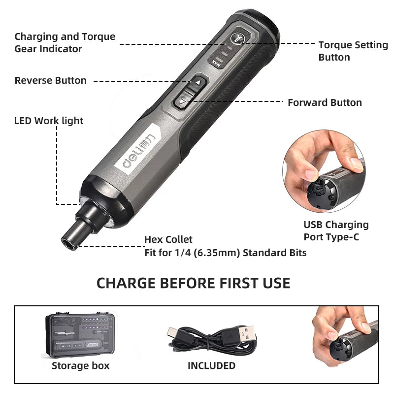 Deli Electric Screwdriver 3-Speed Large Torque Cordless 2000mAh Battery Drill 4V Power Tools Set Household Maintenance Repair