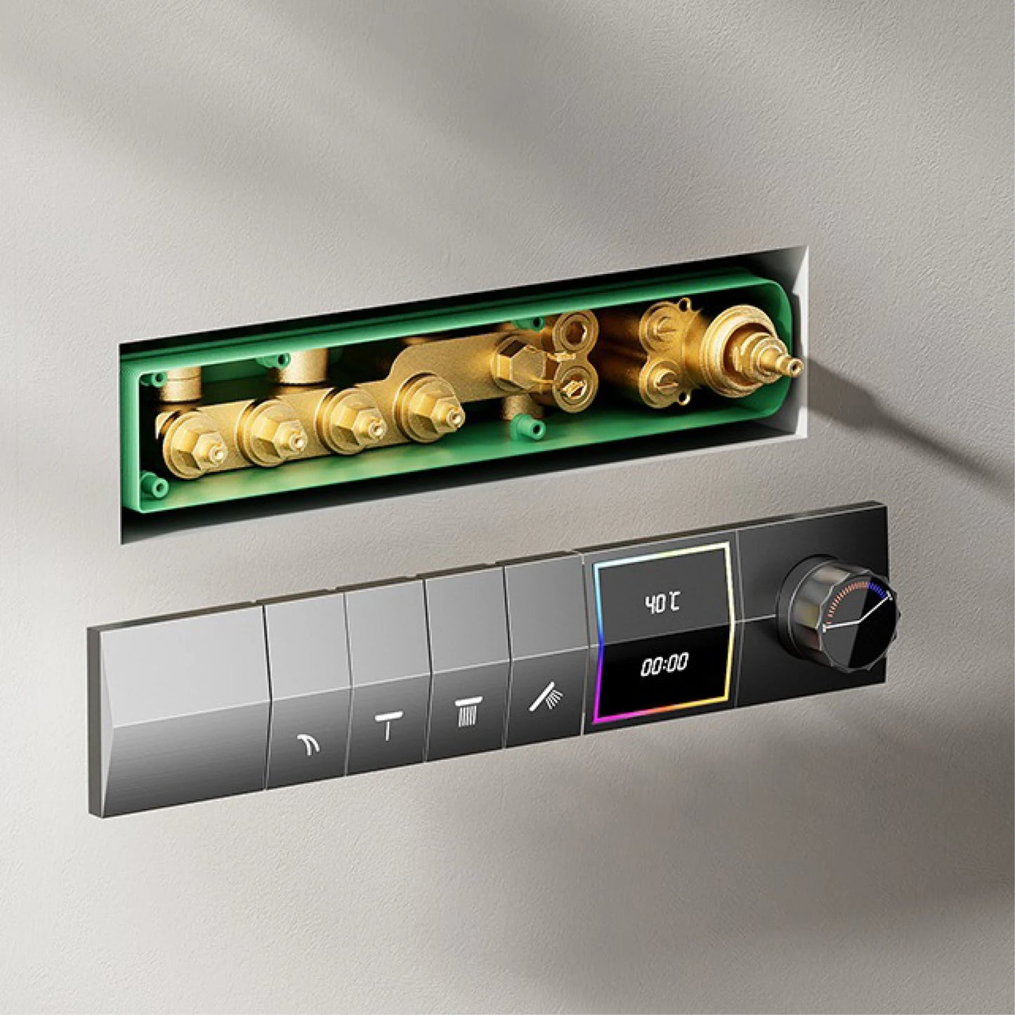 ANTNX Luxury gun gray brass shower system intelligent LED digital display design, wall mounted dual control cold & hot 4-function Tap ANTNX.COM