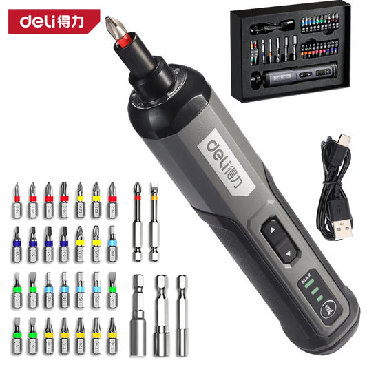 DELI 4V  Electrical Screwdriver Sets Smart Cordless Electric Screwdrivers USB Rechargeable Handle 25 Bit Sets Power Tools