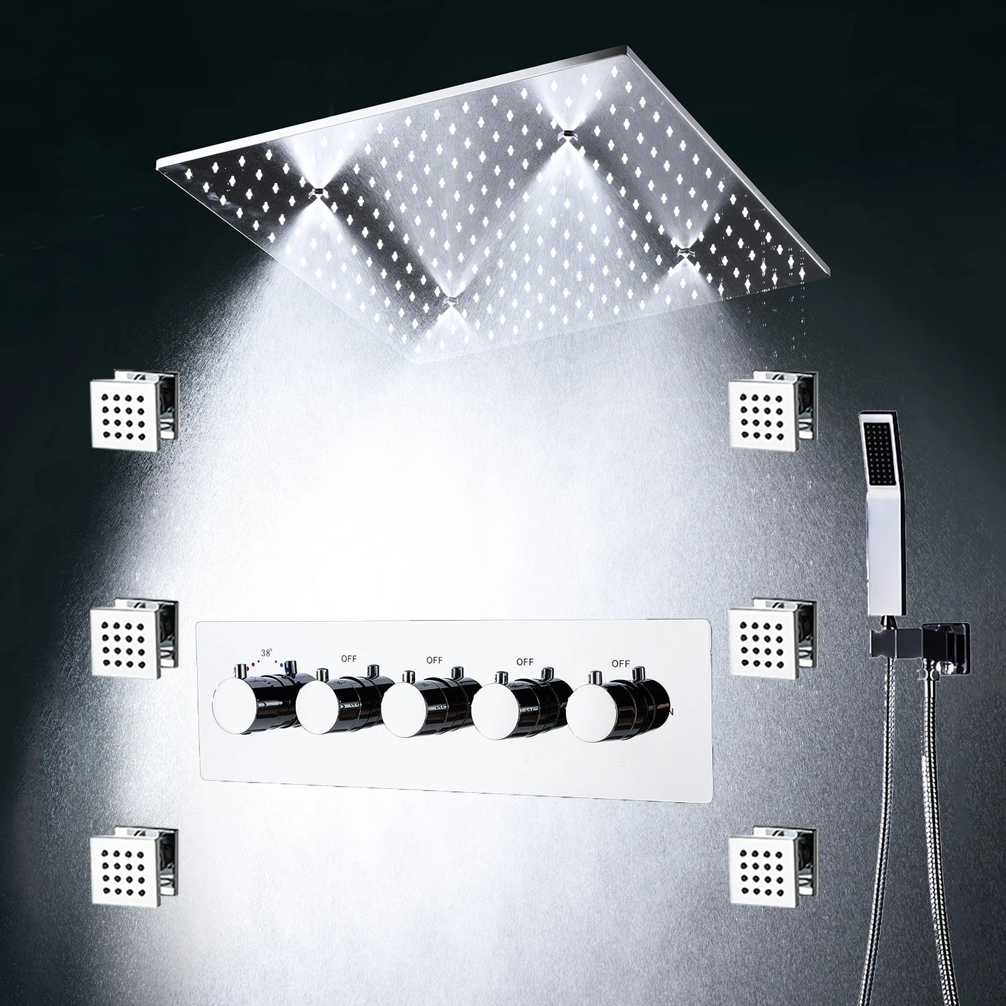 ANTNX 16/20inch 400/500mm LED Shower Head Faucet Set Rain Spray Massage Lateral Jets Thermostatic Mixer Valve Diverter Kit ANTNX.COM