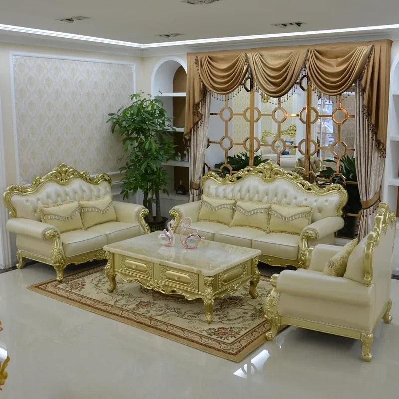 MMOOKA European-style Leather Sofa Combination 123 Luxury Living Room Furniture Full Solid Wood Oak Sofas Champagne Couch Modern Home