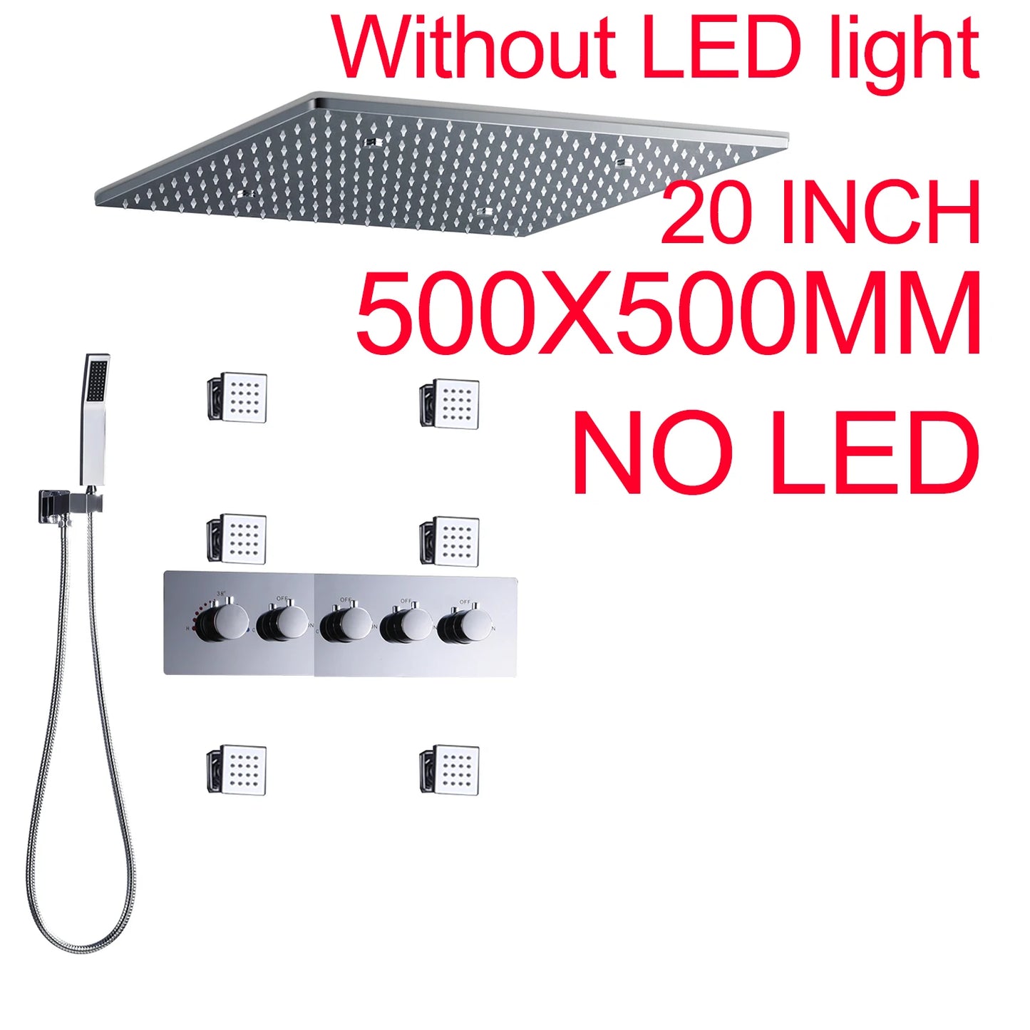 ANTNX 16/20inch 400/500mm LED Shower Head Faucet Set Rain Spray Massage Lateral Jets Thermostatic Mixer Valve Diverter Kit ANTNX.COM