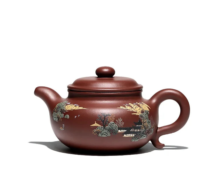 【 Changtao 】 Yixing Purple Clay Pot Fully Handmade Tea With Mulberry And Brocade Red Painting Antique 320cc