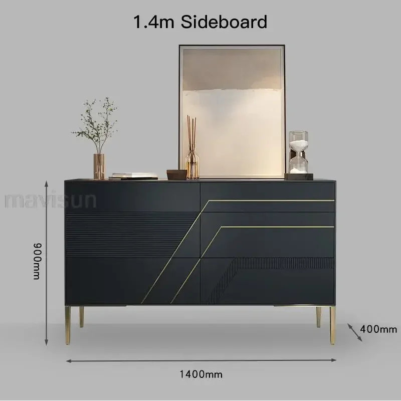 MMOOKA Black Kitchen Cabinet Decoration Simple Solid Wood Living Room Furniture Luxury Villa Large Capacity Buffet Stainless Steel Leg