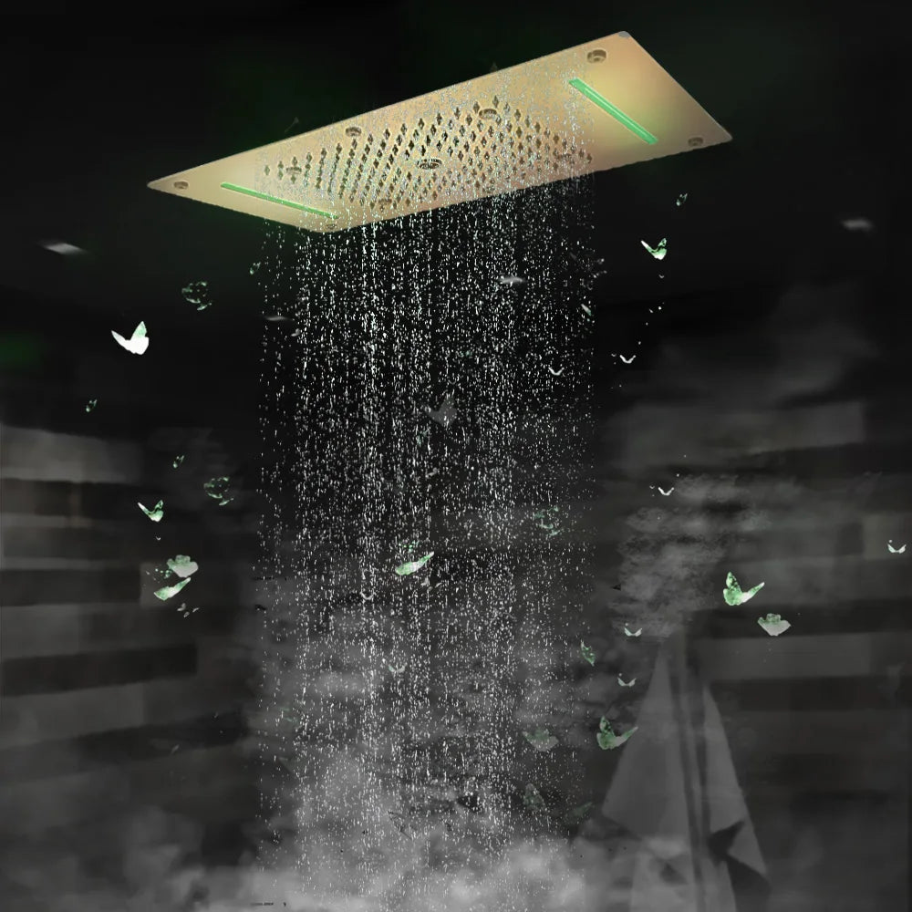 Luxury LED Ceiling Shower Head 304 Stainless Steel Recessed Mounted Square Rainfall Waterfall Bubble Mist Bathroom Showers