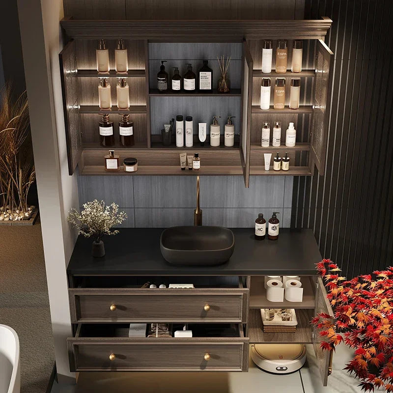 MMOOKA Bathroom Vanity With Aesthetic French Retro Oak Bathroom Cabinet Rock Plate Wash Basin Combination Bathroom Custom Wash Basin