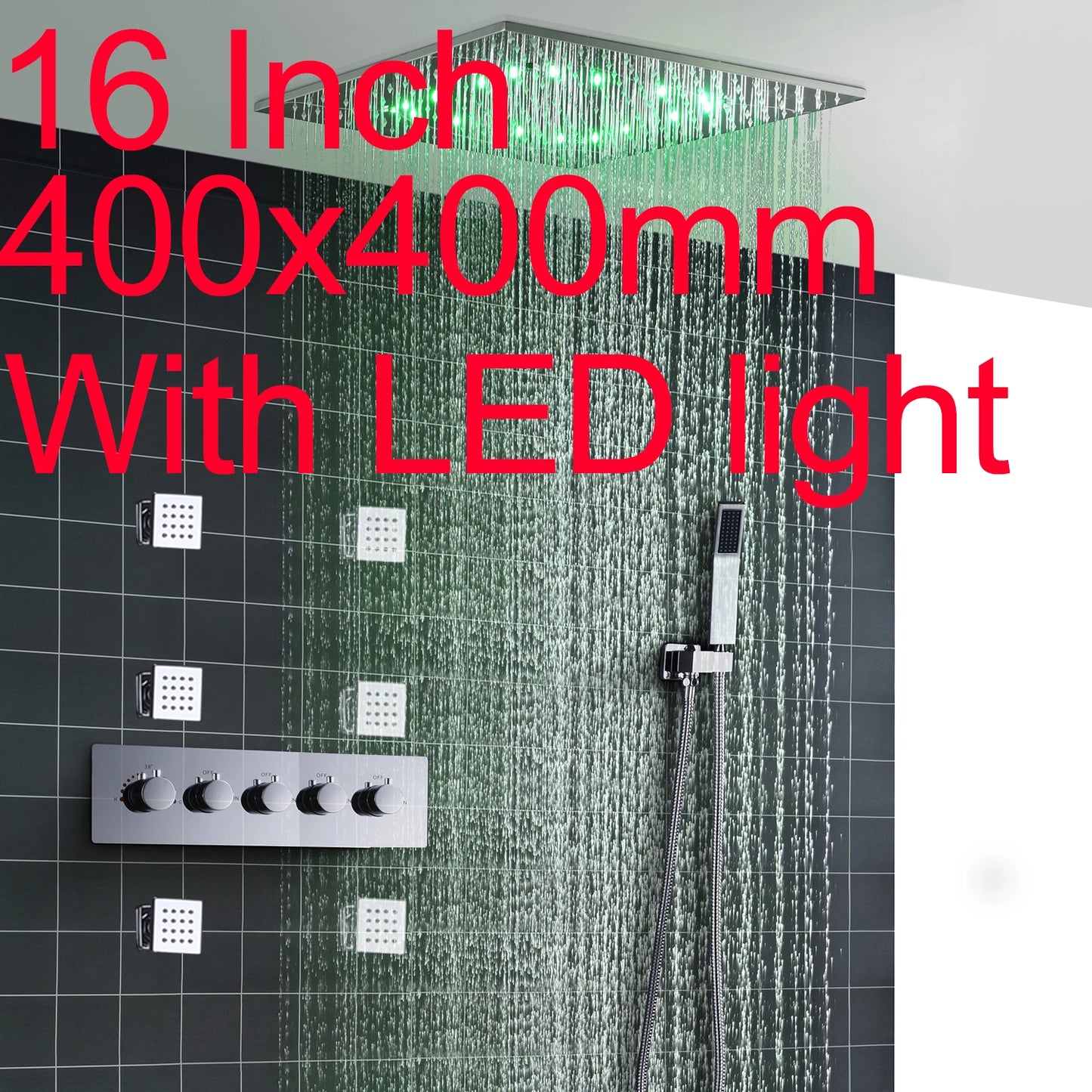 ANTNX 16/20inch 400/500mm LED Shower Head Faucet Set Rain Spray Massage Lateral Jets Thermostatic Mixer Valve Diverter Kit ANTNX.COM