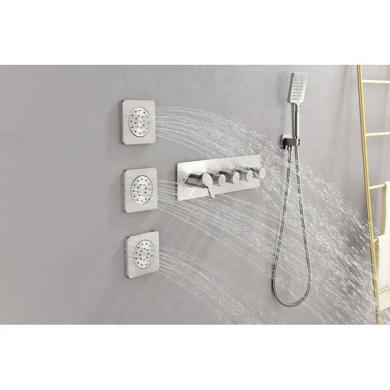 Wall-Mounted Waterfall Rain Shower System with 3 Body Sprays & Handheld Showerhead for Ultimate Bathing Experience