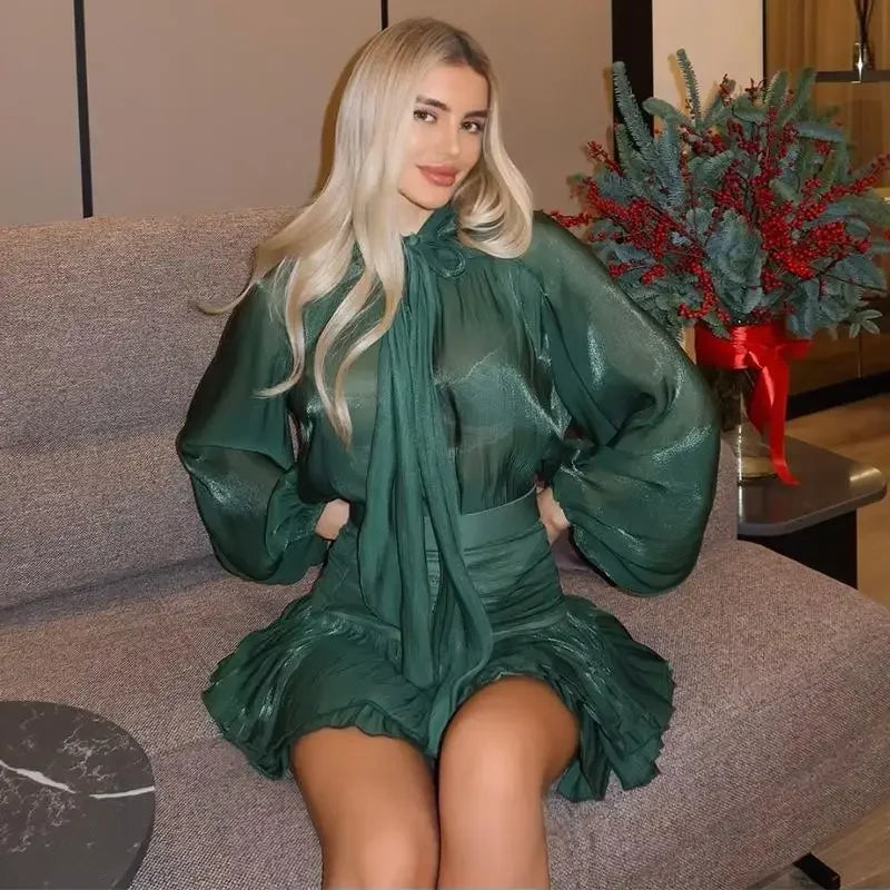 Flounce Mini Skirts Suits Women Elegant Loose Lace Up Bow Long Sleeves Shirts 2 Pieces Sets Female 2025 Spring New Solid Outfits