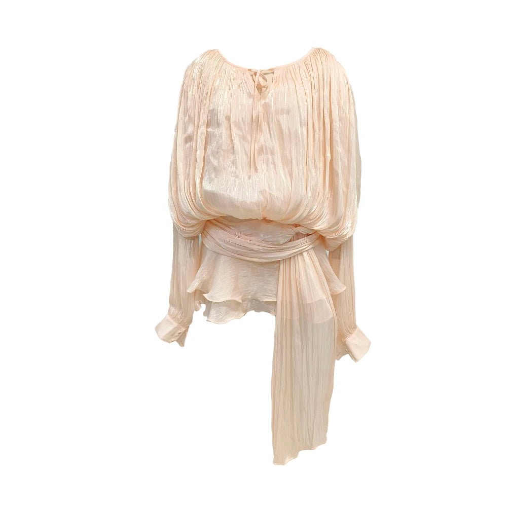 VC Chic Chiffon Mini Dress with Tie-Neck and Lantern Long Sleeves for a Garden Party Evening Gown