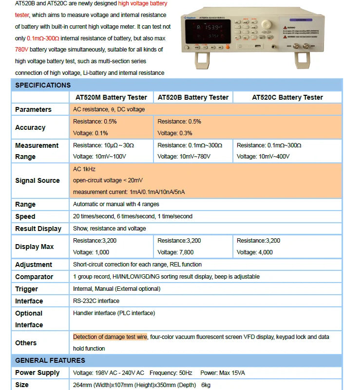 Applent High Voltage Battery Tester Meter AT520B (300Ω,400V)