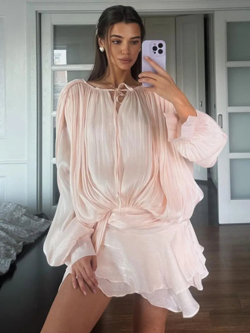 Lazy Style Casual Mesh Puff Sleeve Short Pleated Ruffle Edge Design Short Dress Elegant Mini Shirts Dress Fashion Women AF2A