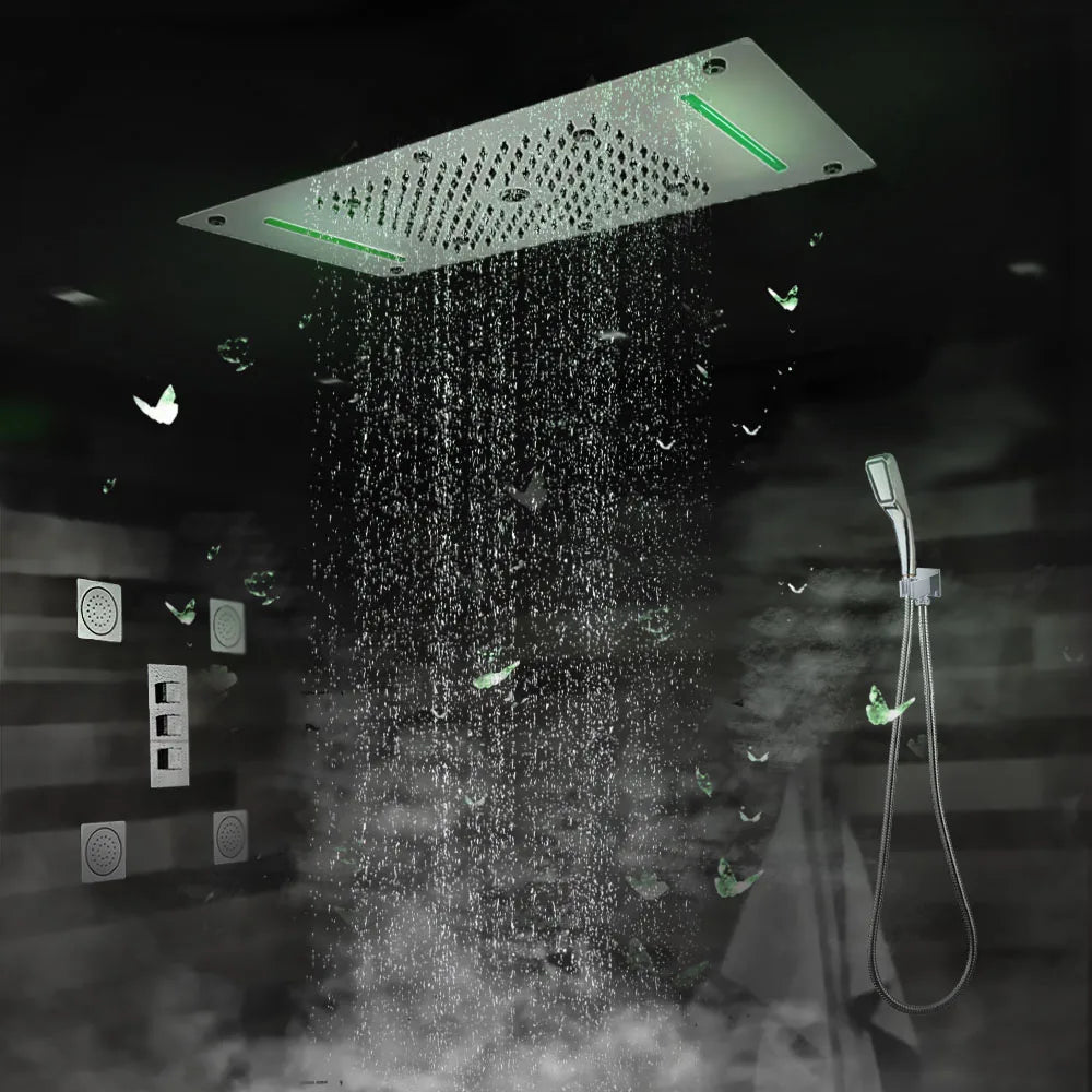 MMOOKA Bath Concealed Shower Set Faucet Panel Tap Thermostatic Mixer Valve LED Ceiling Shower Head Rain Waterfall Bubble Mist CF5422 MMOOKA.COM
