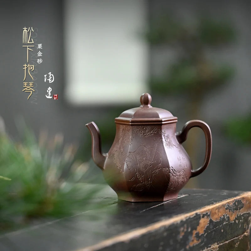 Changtao: Yixing Craftsman Tao Jianquan Handmade Purple Clay Pot, Chestnut Gold Sand, Hexagonal Panasonic Holding Qin 260cc