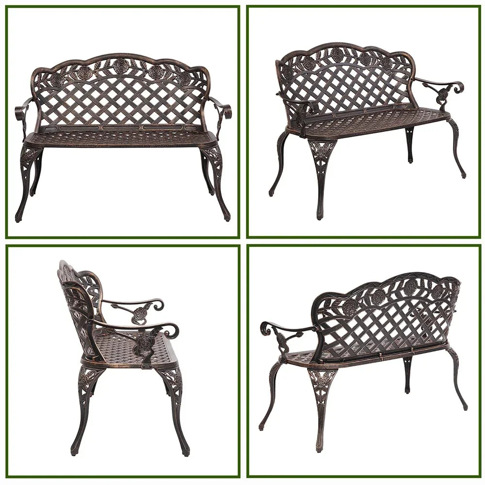 MMOOKA 42.5inch Outdoor Patio Porch Garden Chair Cast Aluminum Leisure Rose Couple Bench Easy to Clean 108x60x83CM Bronze[US-Stock]