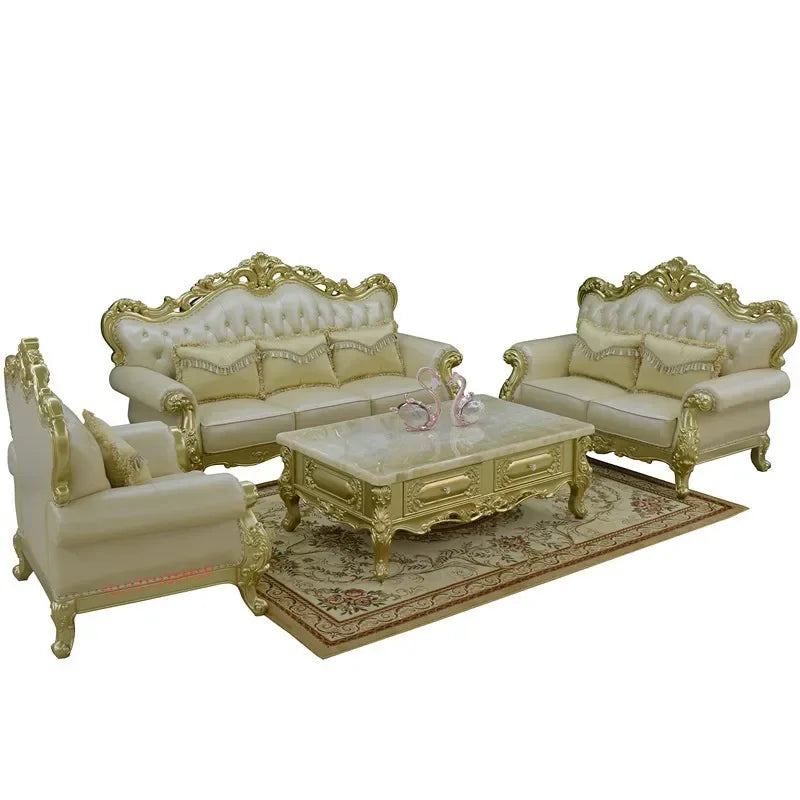 MMOOKA European-style Leather Sofa Combination 123 Luxury Living Room Furniture Full Solid Wood Oak Sofas Champagne Couch Modern Home