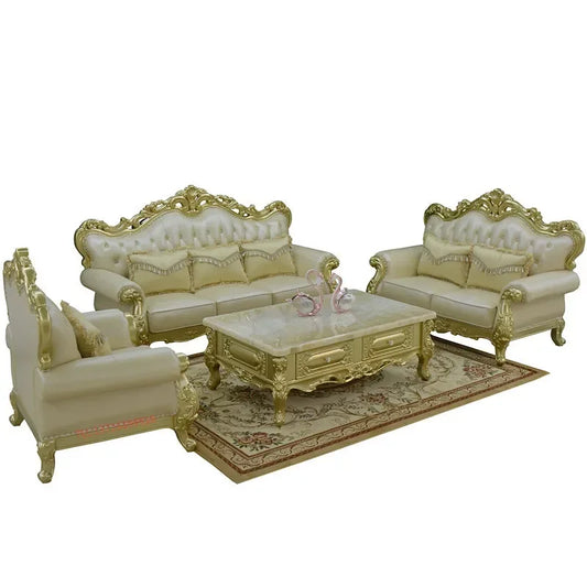 MMOOKA European-style Leather Sofa Combination 123 Luxury Living Room Furniture Full Solid Wood Oak Sofas Champagne Couch Modern Home