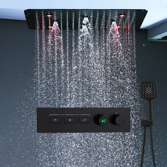ANTNX Matt Black Surface Remote LED 20inch Square Shower Head Ultra Thin Panel Thermostatic Faucet Mixer System Rainfall Spray Set ANTNX.COM