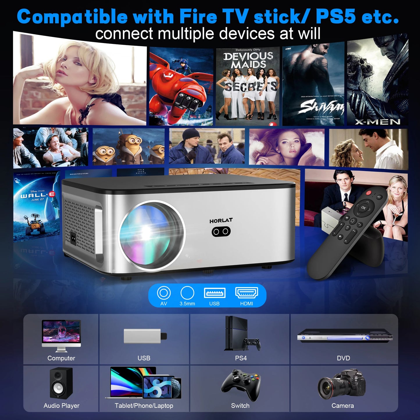 HORLAT 35000Lumenes Android 4K Projector 8K Decode Video Audio Home Theater AutoFocus Keystone 5G WiFi Portable Proyector Beamer