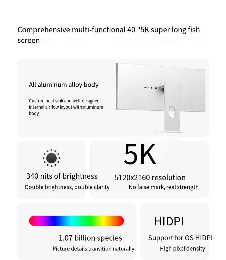 ANTNX 40 Inch NANO-ips CNC Alumin Computer Monitor 5K WLED 5120*2160 Resolution HDR10 60Hz type-c 100w Thunderbolt for Mac kuycon P40U ANTNX.COM