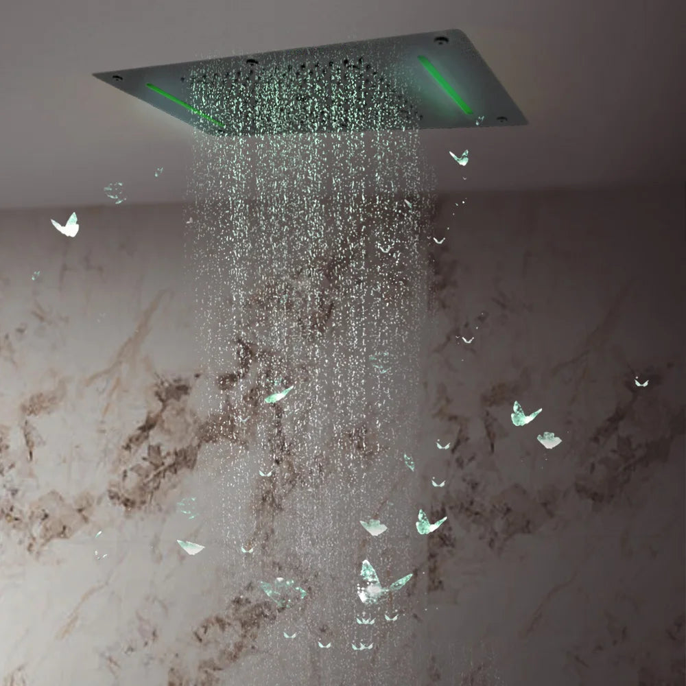 Luxury LED Ceiling Shower Head 304 Stainless Steel Recessed Mounted Square Rainfall Waterfall Bubble Mist Bathroom Showers