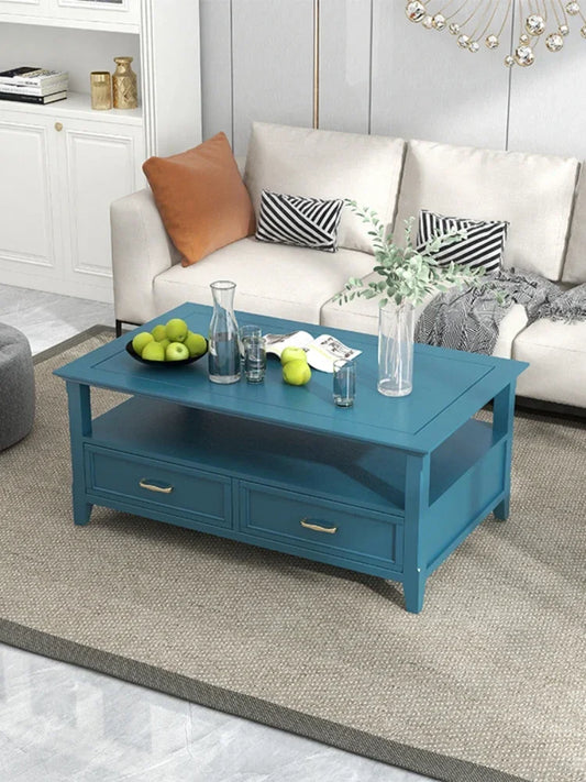MMOOKA Light Luxury Solid Wood Coffee Table Peacock Blue Living Room Low Table Small Apartment