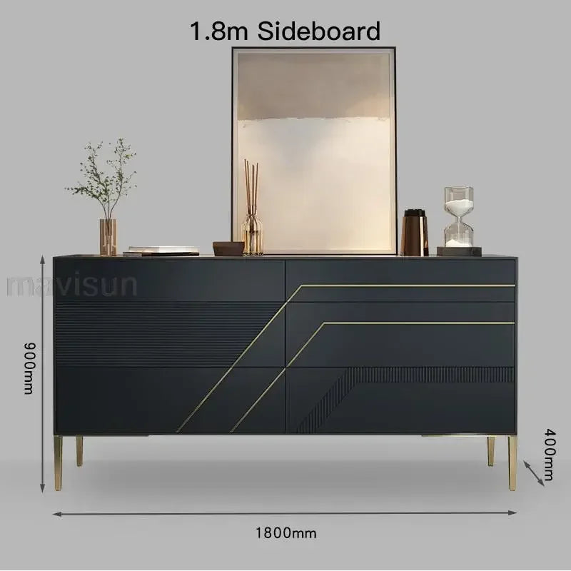 MMOOKA Black Kitchen Cabinet Decoration Simple Solid Wood Living Room Furniture Luxury Villa Large Capacity Buffet Stainless Steel Leg