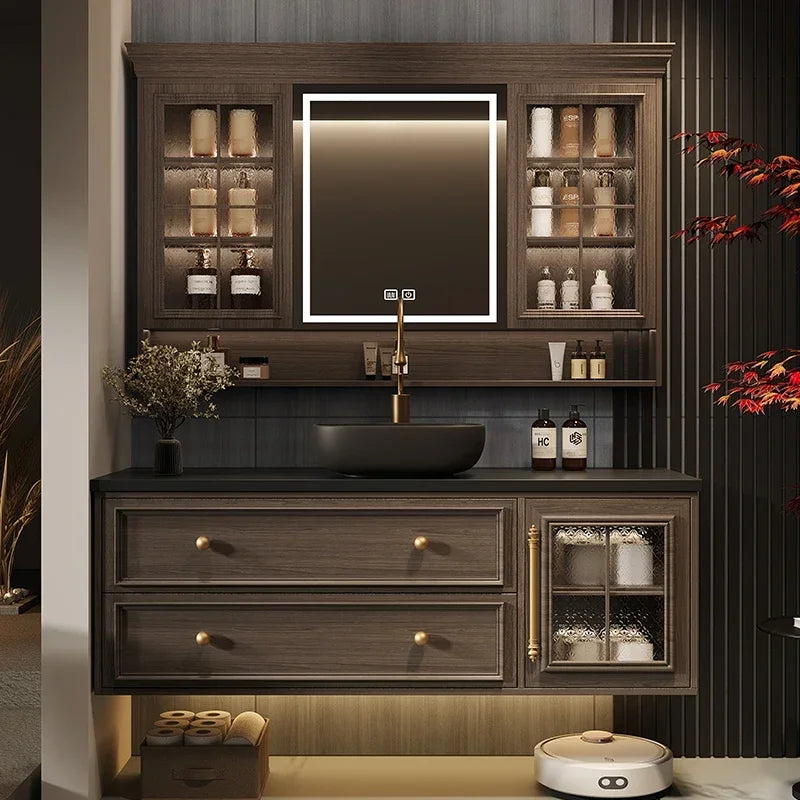 MMOOKA Bathroom Vanity With Aesthetic French Retro Oak Bathroom Cabinet Rock Plate Wash Basin Combination Bathroom Custom Wash Basin