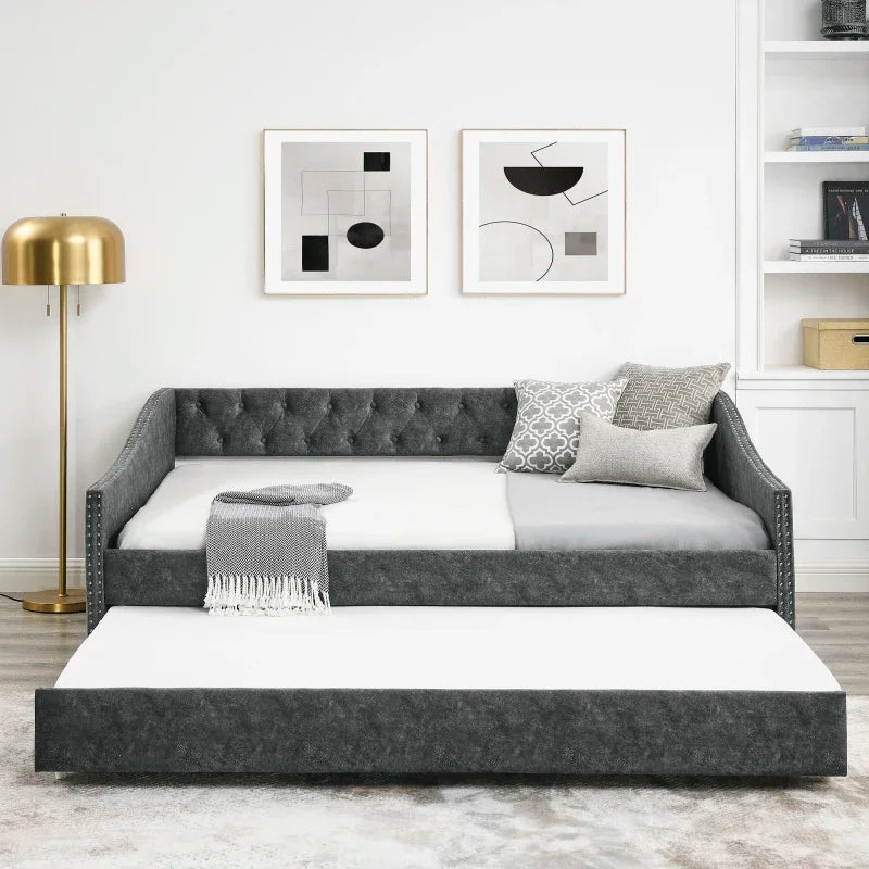MMOOKA Full Size Daybed with Twin Size Trundle Upholstered Tufted Sofa Bed, with Button on Back for ivingroom,bedroom furniture