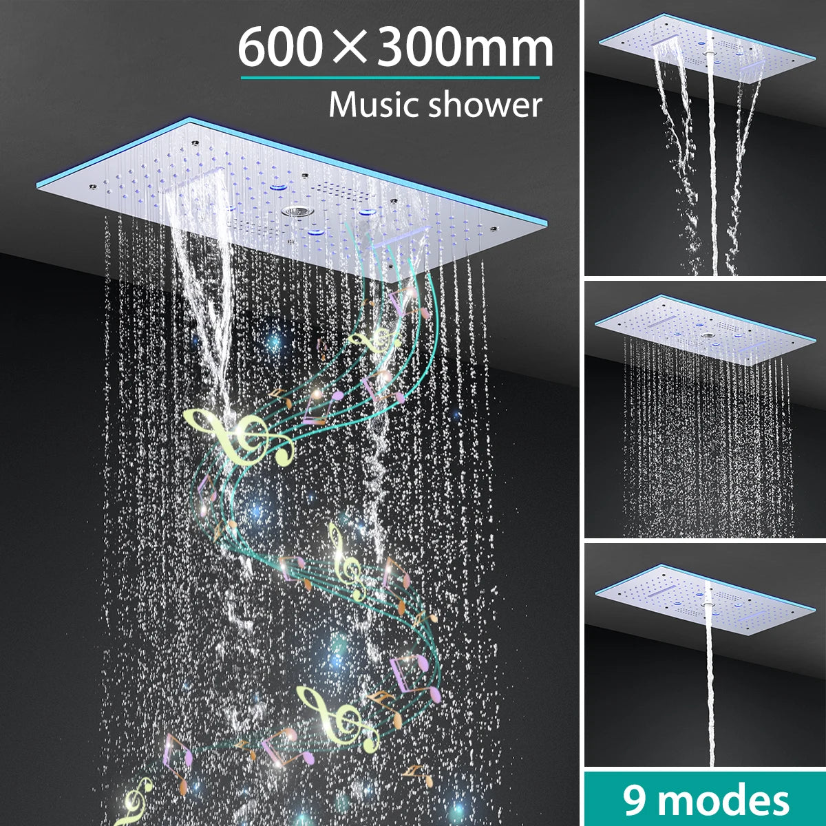ANTNX 60x30cm 24x12Inch Big Music LED Shower Head 6 Function SPA Massag Thermostatic Mixer Faucet Kit ANTNX.COM
