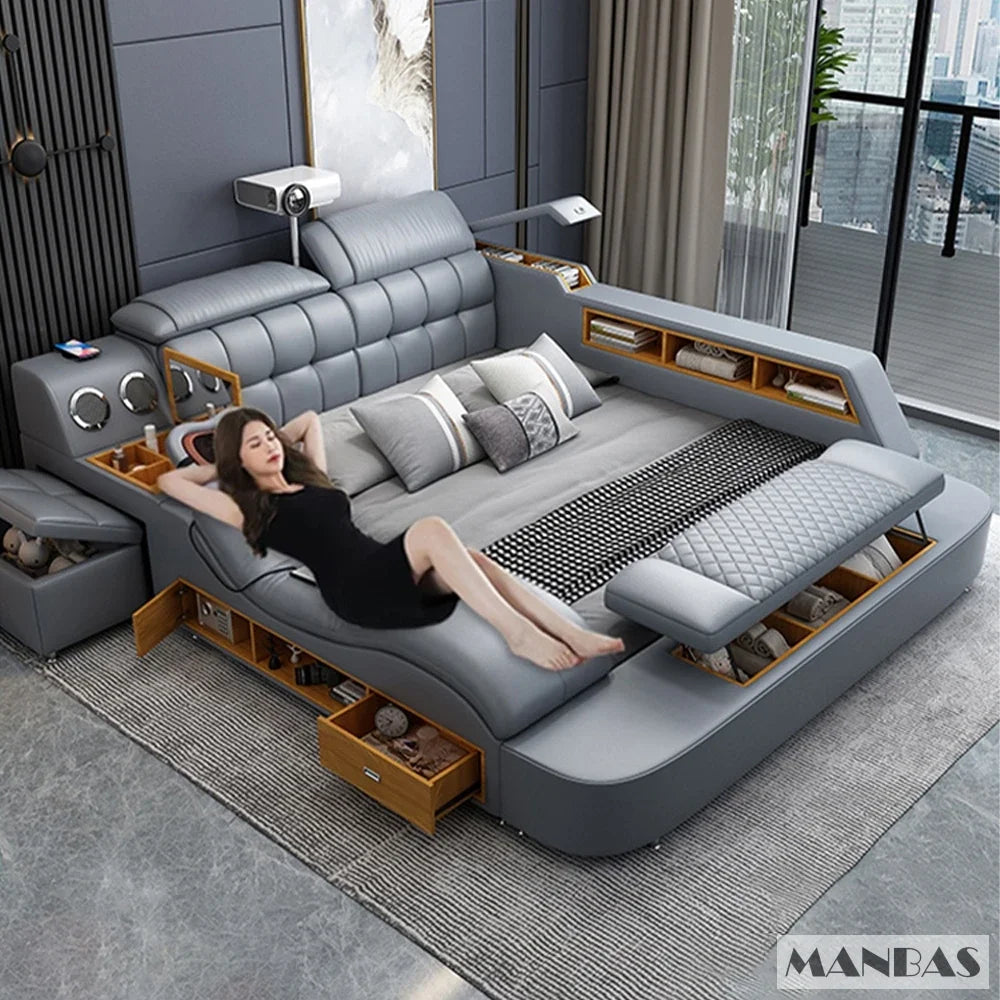 ANTNX MANBAS Luxury King Size Genuine Leather Bed / Tech Smart Bed / Multifunctional Ultimate Beds / Massage Bed with USB,Projecter ANTNX.COM