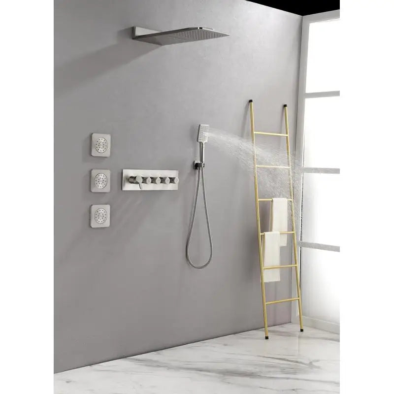 Wall-Mounted Waterfall Rain Shower System with 3 Body Sprays & Handheld Showerhead for Ultimate Bathing Experience