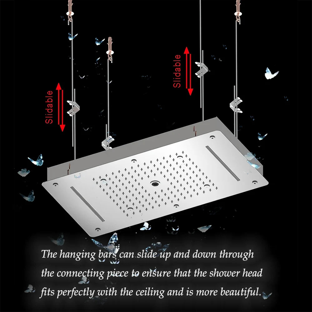 Luxury LED Ceiling Shower Head 304 Stainless Steel Recessed Mounted Square Rainfall Waterfall Bubble Mist Bathroom Showers