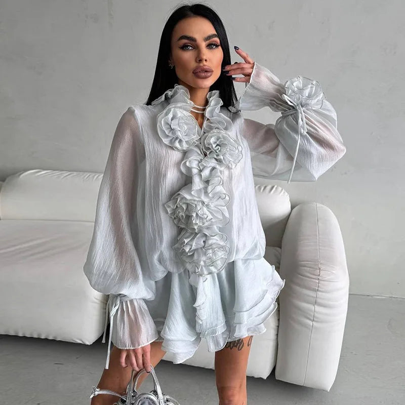 Summer Women Mesh Spliced 3D Flowers Chiffon Shirt Long Lantern Sleeve Gauze Ruched Lotus Blouses Tops + Elastic Shorts 2Pcs Set