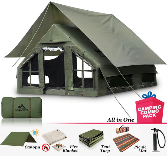 ANTNX 129 SqFt² Army Green Inflatable Camping Tent with Canopy,4 Season Air Tent with Tent Tarp & Moisture Proof Pad & Fire Blanket ANTNX.COM