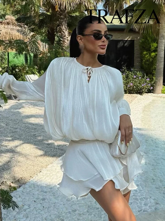 TRAFZA Women Elegant Chic O-Neck Pleated Decoration Long Sleeves Solid Mini Dress+Fashion Rear Zipper Slim Shorts 2 Piece Set