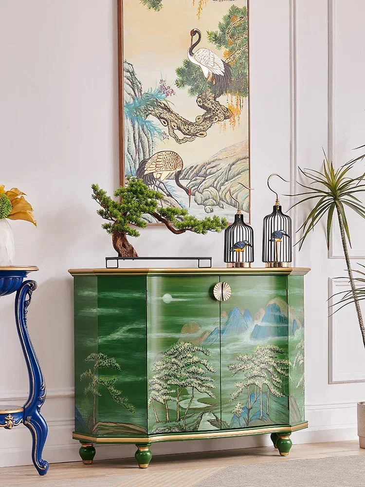 MMOOKA Retro Entrance Green Painted Landscape Entrance Decoration Hall Cabinet Living Room Sideboard Cabinet