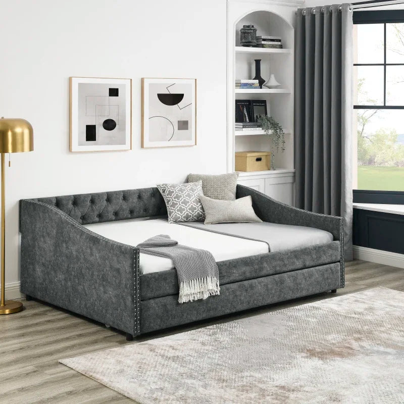 MMOOKA Full Size Daybed with Twin Size Trundle Upholstered Tufted Sofa Bed, with Button on Back for ivingroom,bedroom furniture