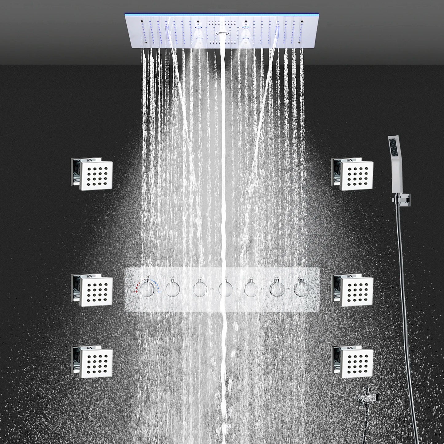 ANTNX 60x30cm 24x12Inch Big Music LED Shower Head 6 Function SPA Massag Thermostatic Mixer Faucet Kit ANTNX.COM