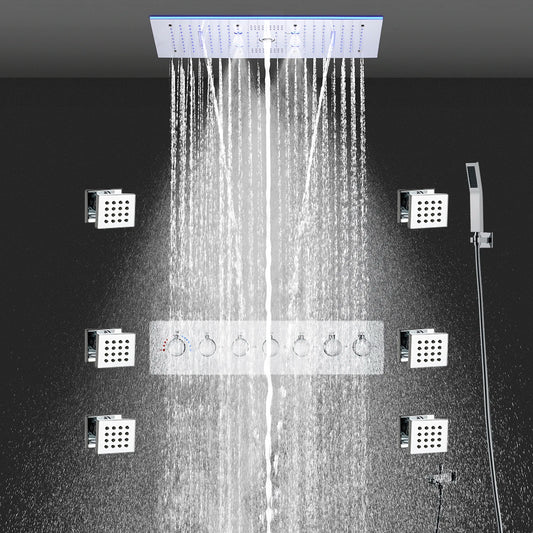 ANTNX 60x30cm 24x12Inch Big Music LED Shower Head 6 Function SPA Massag Thermostatic Mixer Faucet Kit ANTNX.COM