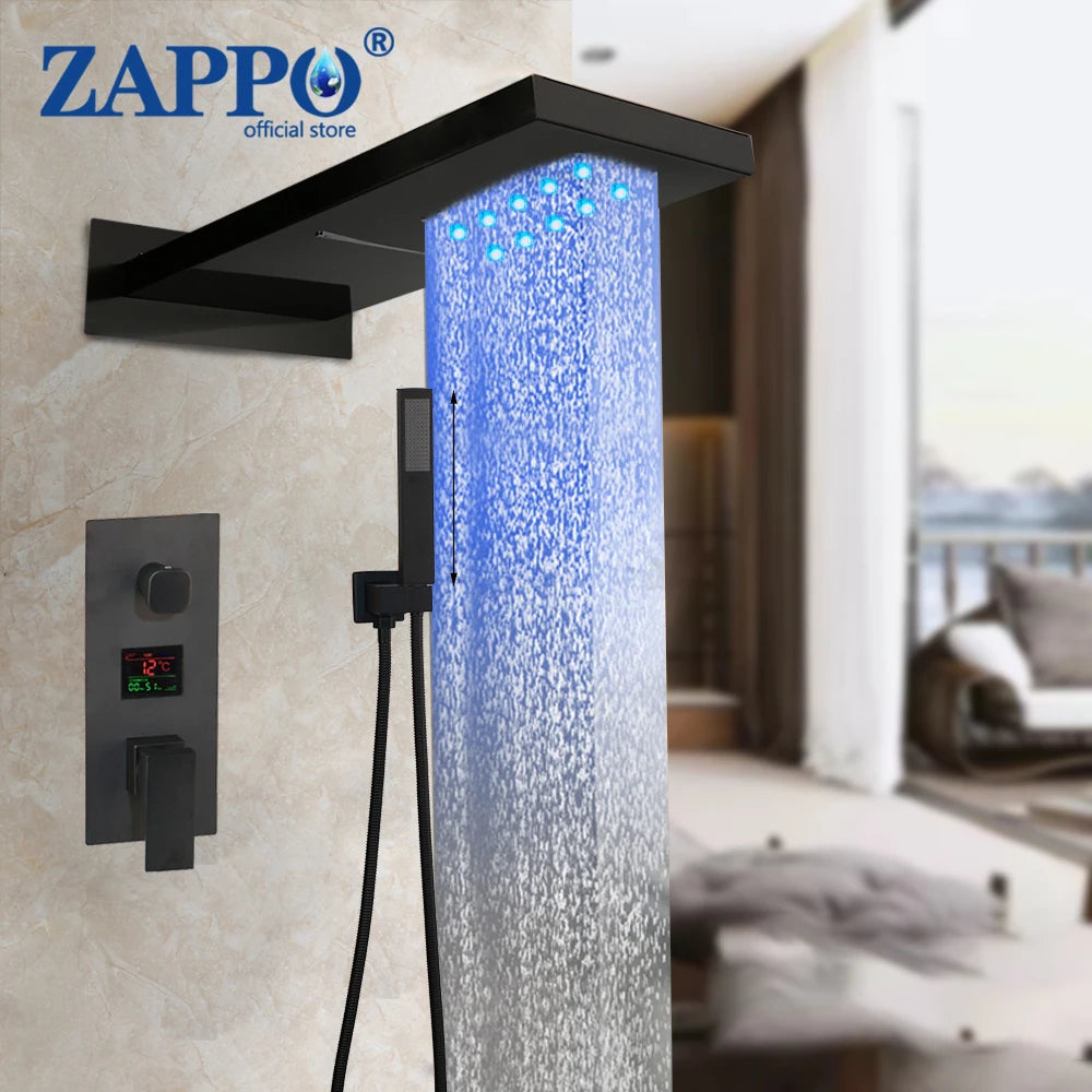 MMOOKA ZAPPO LED Black Shower Systyerm with Big Rainfall Shower Head Digital Display Shower Faucet Set handheld Shower Spayer Wall