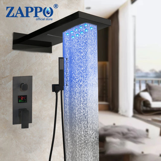 MMOOKA ZAPPO LED Black Shower Systyerm with Big Rainfall Shower Head Digital Display Shower Faucet Set handheld Shower Spayer Wall