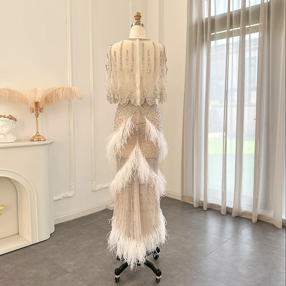Sharon Said Luxury Dubai White Feathers Two Pieces Evening Dress for Women Wedding Beads Short Prom Party Gowns SS363 Customized