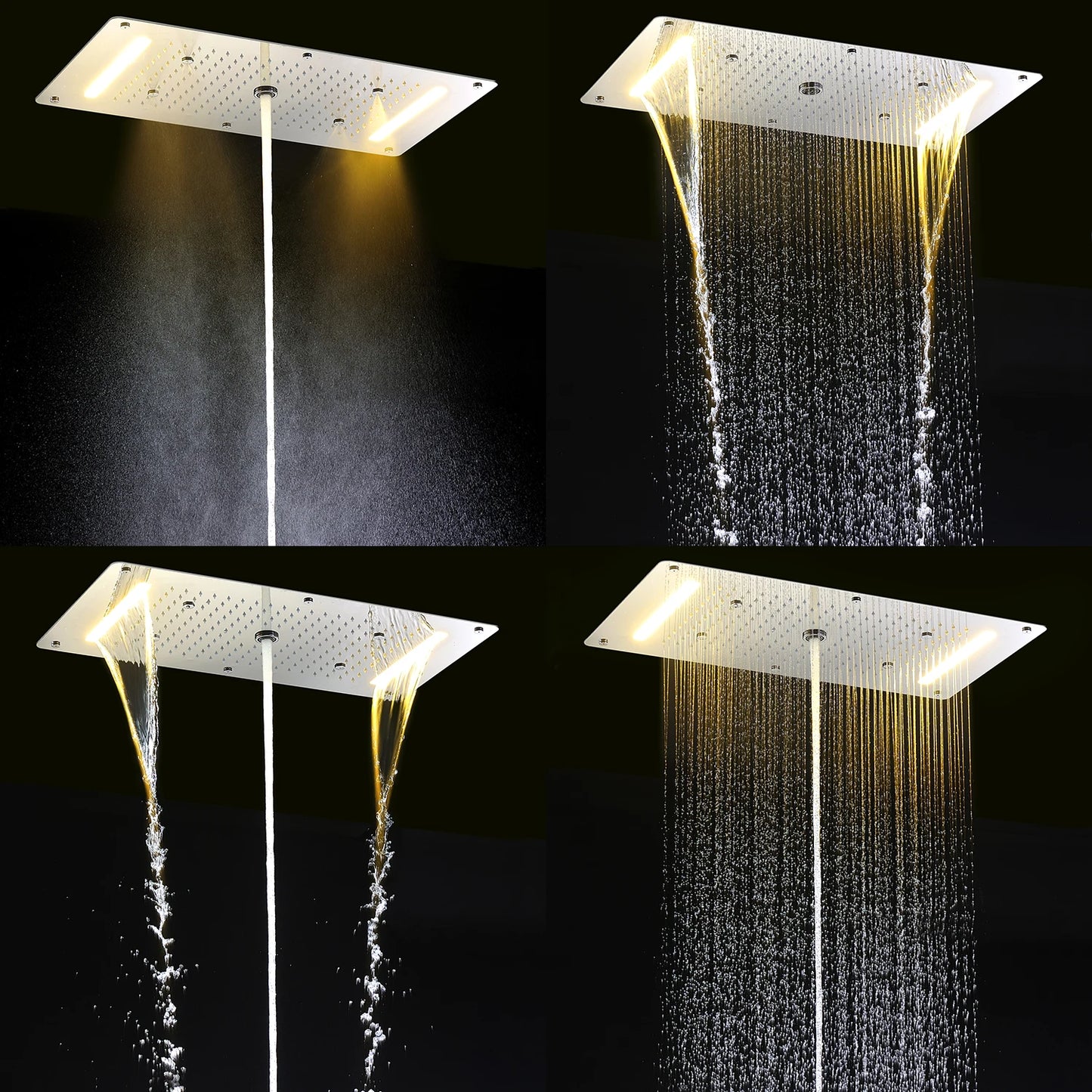 MMOOKA Matt Black Shower Faucet Panel 28x15 Inch RGB LED Shower Head Set Thermostatic Mixer Valve Kit 6 Pcs 2 Inch Side Jets MMOOKA.COM