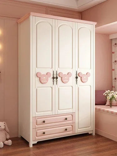 MMOOKA Children's Wardrobe Home Bedroom Cabinet Wood Foot Two Doors Three Doors Vertical Hinged Door Girls Pink