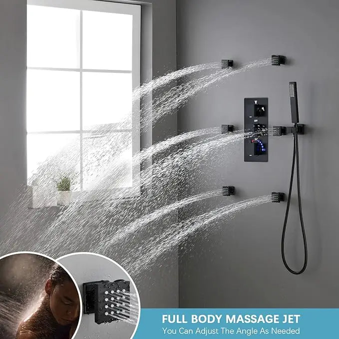 MMOOKA KEMAIDI 22 Inch Shower System High Pressure Waterfall Bathroom Shower Faucet Set with Solid Brass Valve Hand Spray  6 Body Jets
