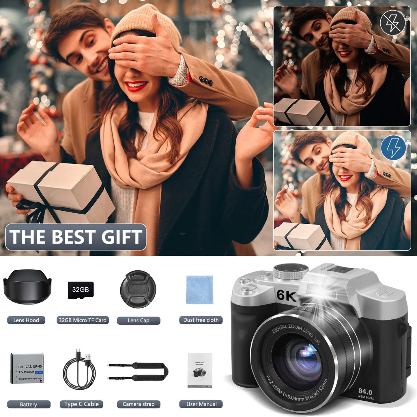 MMOOKA 6K Digital Camera for Photography and Video Autofocus Anti-Shake 84MP YouTube Vlogging Camera 3'' 180° Flip Screen with Flash