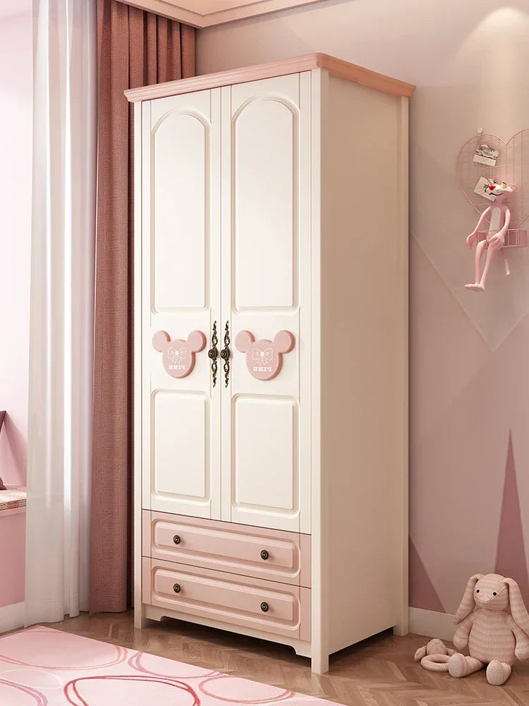 MMOOKA Children's Wardrobe Home Bedroom Cabinet Wood Foot Two Doors Three Doors Vertical Hinged Door Girls Pink